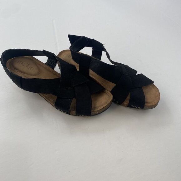 ME TOO Lola Wedges Slingbacks Open Toe Sandals Black Faux‎ Suede Size 9.5M Women - Picture 2 of 16